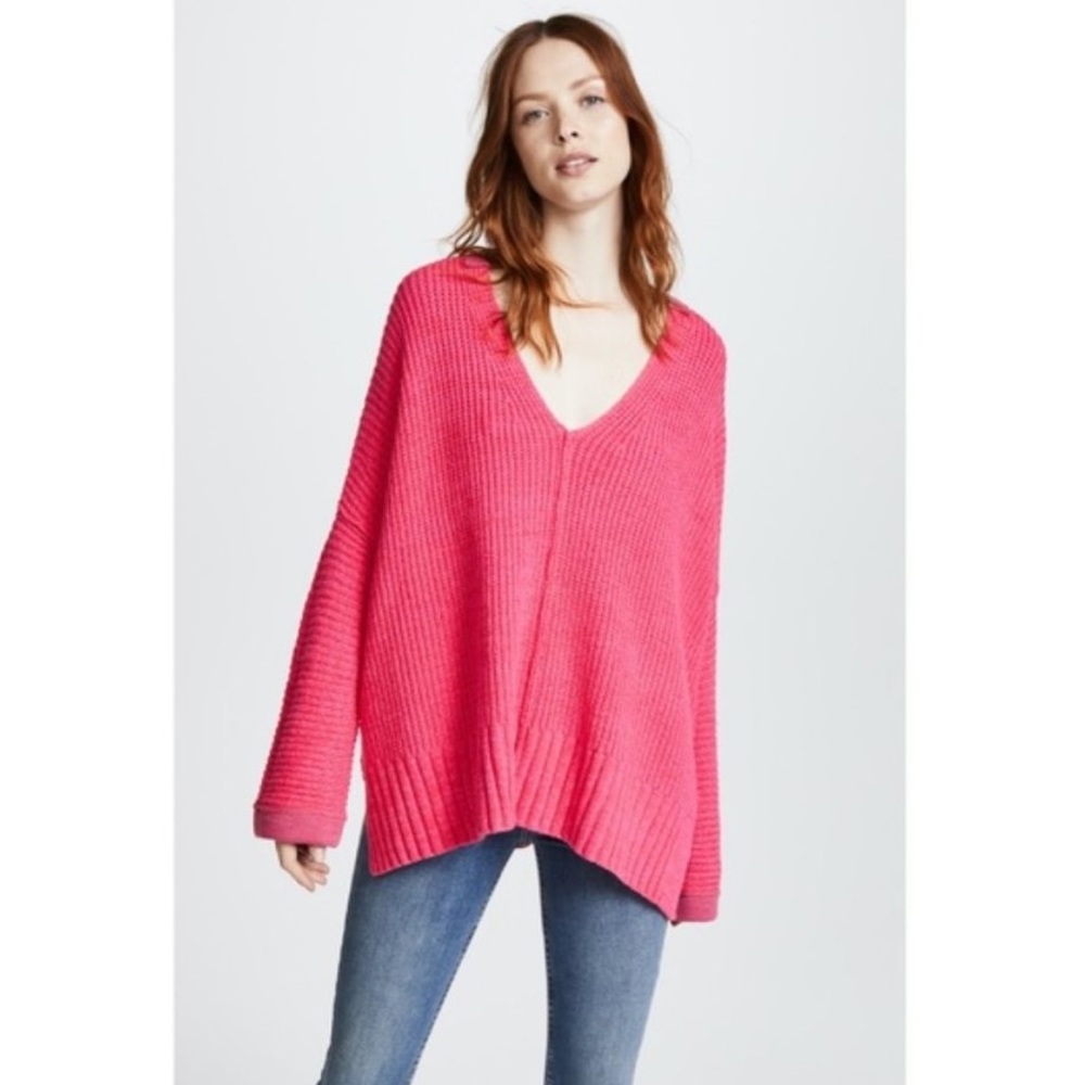 Free People Take Me Over V-Neck Chunky Knit Oversized Pink Sweater